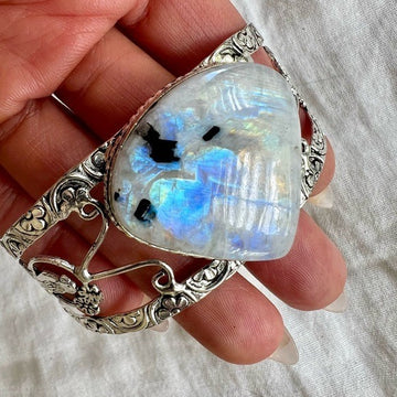 925 WOW WOW! Electric Flash Rainbow Moonstone w/ Blk Tourmaline Cuff Bracelet