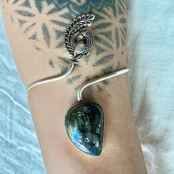 925 Rainbow Flash Labradorite Adjustable Bangle Bracelet Cuff