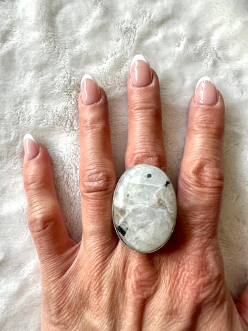 925 NATURAL Huge! Rainbow Moonstone w/ Black Tourmaline Ring - adjustable