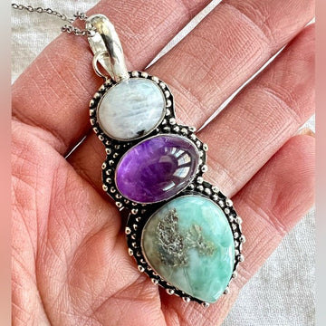 925 Ethereal Moonstone + Amethyst + Larimar Pendant Necklace