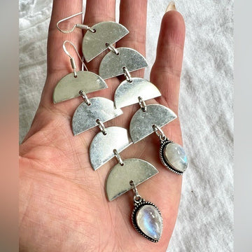 925 Half Moon Long Dangly Rainbow FLASH MOONSTONE! Earrings
