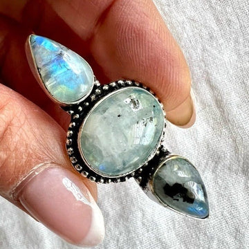 925 GORGEOUS Rainbow Flash Moonstone + Black Tourmaline Ring 7