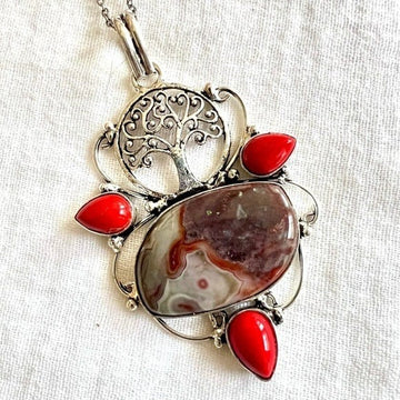 925 Mexican Crazy Lace Agate - Tree of Life Pendant Necklace
