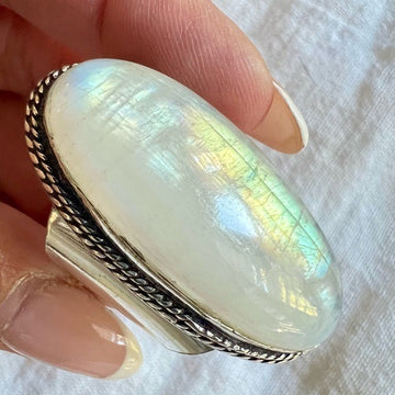 925 MASSIVE! Rainbow Flash Moonstone Statement Ring 10.25