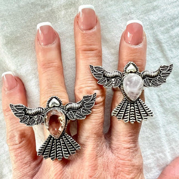 925 Peace Dove Morganite or Rose Quartz Ring 7 3/4, 8 3/4