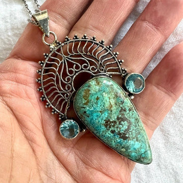 925 Exotic Ornamental Chrysocolla Pendant Necklace