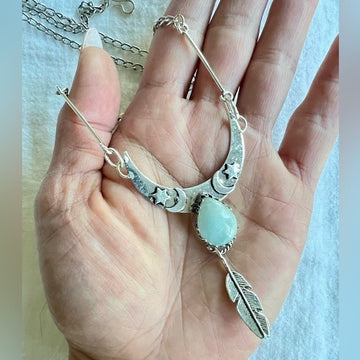 925 Gorgeous Pale Larimar Feather Pendant Necklace