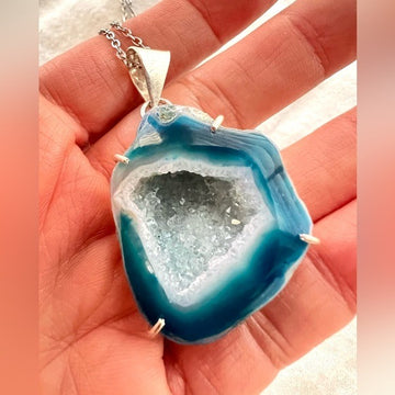 925 Blue Micro Quartz Crystals Solar Agate Necklace Pendant