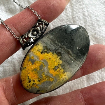 925 Quantum Bumble Bee Jasper Antiqued Pendant Necklace
