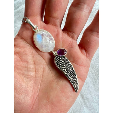 925 Rainbow Flash Moonstone Feather Wing + Amethyst Lucky Pendant Necklace
