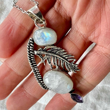 925 Angelic Rainbow Flash Moonstone Feather Pendant Necklace