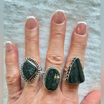 925 Geometric Raw Black Tourmaline Ring 8 8.5