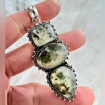 925 Triple Moss Prehnite Pendant Necklace