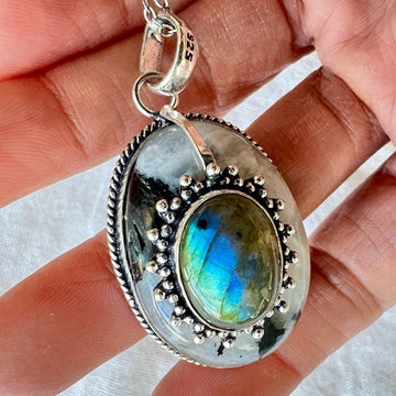 925 OMG Gorgeous! Flash Labradorite + Moonstone w/ Tourmaline Necklace Pendant