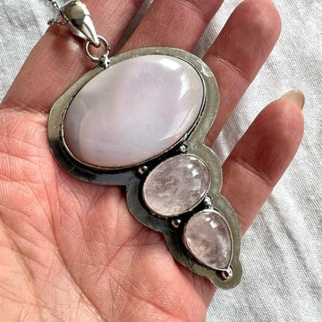 925 Peruvian Pink Opal + Rose Quartz Pendant Necklace