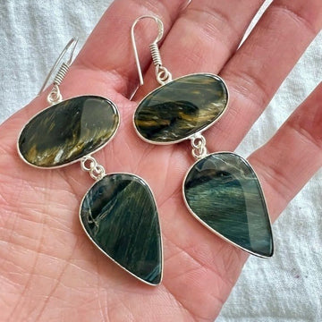 925 Blue Black Brown Tigers Eye Earrings