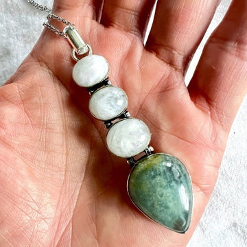 925 Elegant Long Moonstone + Aquamarine Pendant Necklace