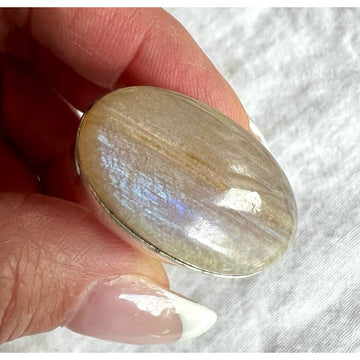 925 Blue Flash PEACH MOONSTONE Cabachon Ring 9.25