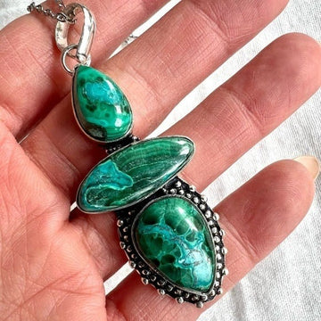 925 Chrysocolla Malachite! Triple Stone Pendant Necklace