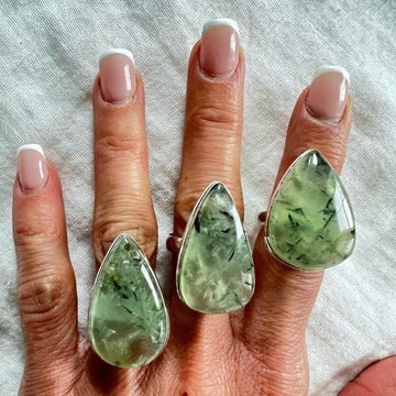 925 You Choose! Moss Prehnite Teardrop Ring 6, 9, 10