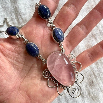 925 Rose Quartz + Lapis Lazuli Necklace Pendant