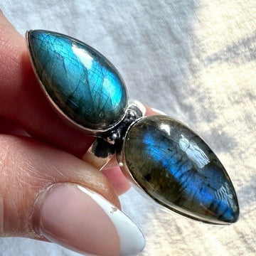 925 OMG! Double Bright BLUE FLASH Labradorite Ring 8