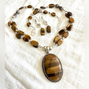 925 Courage Tigers Eye Moon Necklace + Earrings Set