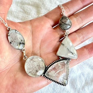 925 Geometric Tourmalated Quartz 5 Stone Necklace