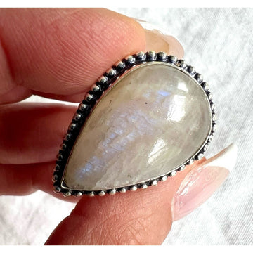 925 Purple Flash PEACH MOONSTONE Teardrop Ring 8.5