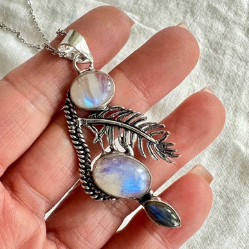 925 OMG OMG Insane Rainbow Flash Moonstone + Flash Labradorite Pendant Necklace