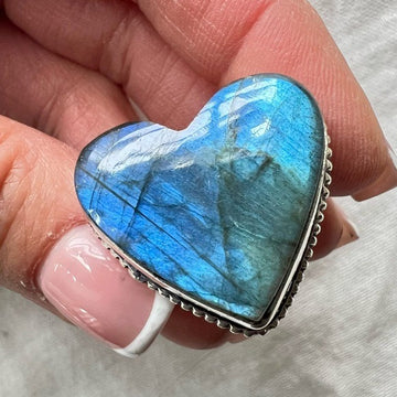 925 Aqua Blue Flash Labradorite ❤️ Heart Ring 8 1/2