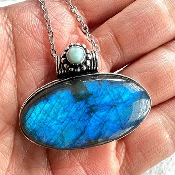 925 Royal BLUE Flash Labradorite + Larimar Pendant Necklace