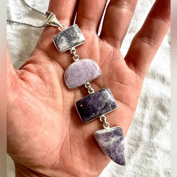 925 Long Gorgeous 4 Stone Lepidolite Pendant Necklace