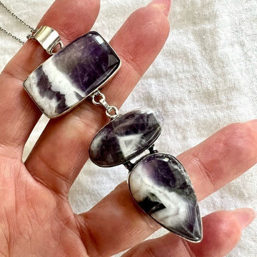 925 Huge! Triple Chevron Amethyst Pendant Necklace