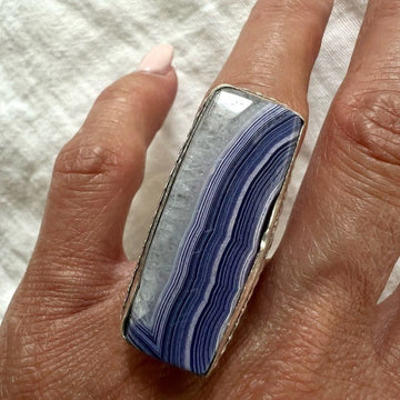 925 GORGEOUS Quartz Crystal + Banded Blue Agate Ring 6