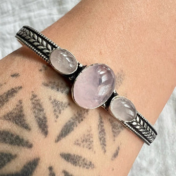 925 Embossed Triple Rose Quartz Cuff Bracelet