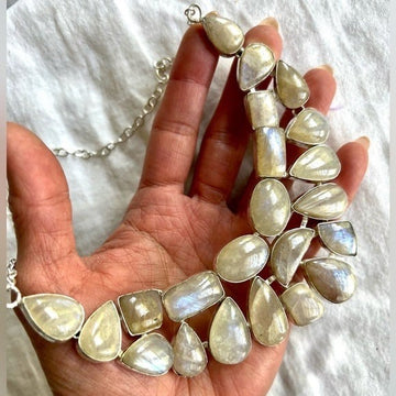 925 GODDESS Peach Flash Moonstone Collar Bib Necklace