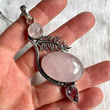 925 Double Rose Quartz Feather Necklace Pendant