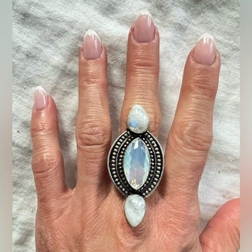 925 WOW WOW! Rainbow Flash Moonstone + Opalite Long Ring 8.75 9