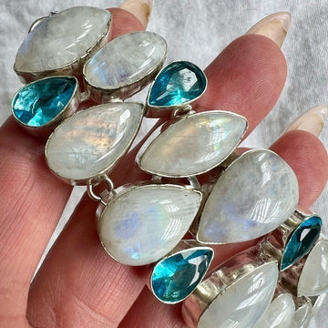 925 GODDESS Chunky Rainbow FLASH MOONSTONE + Blue Topaz Bracelet