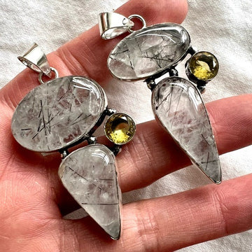 925 Stunning! Tourmalated Quartz Black Tourmaline + Citrine Pendant Necklace