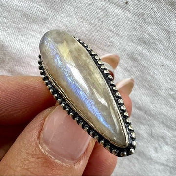 925 Blue Flash Peach Flash Moonstone Ring 7.5