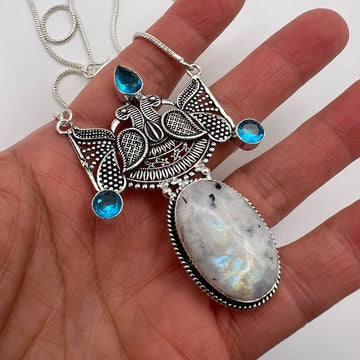 925 Illuminating Rainbow Flash Moonstone + Blue Topaz Pendant Necklace 18”