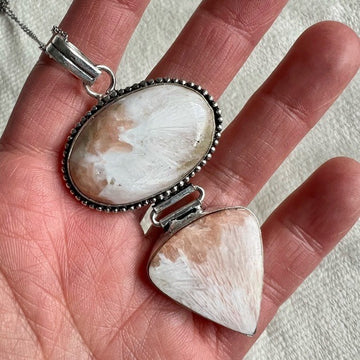 925 Double Scolecite w/ Peach Stilbite Pendant Necklace