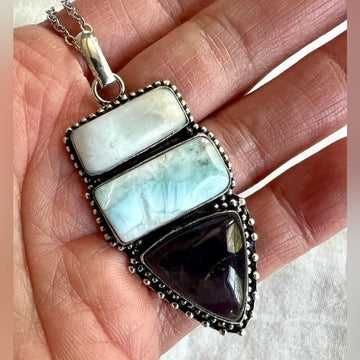 925 Larimar + Mother of Pearl + Amethyst Pendant Necklace