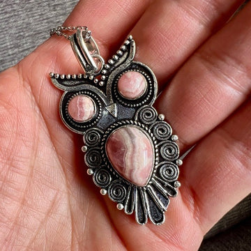 925 Spirit Animal OWL Rhodocrosite Pendant Necklace