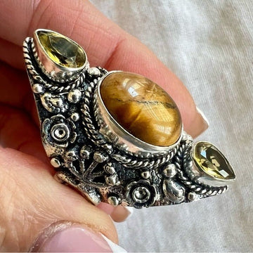 925 GODDESS SHIELD RING Tigers Eye + Citrine 8.75