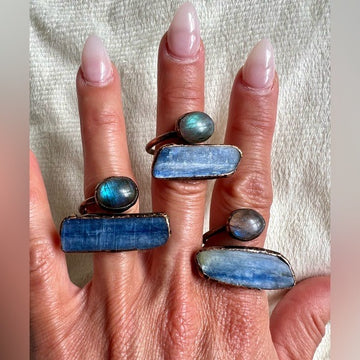 Raw Kyanite + Flash Labradorite Adjustable Copper Ring 7 8 9 10