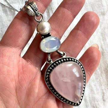 925 Self Love Rose Quartz Opalite + Pearl Necklace Pendant
