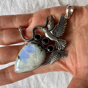 925 DIVINE FEMININE Snake Serpent Nature Flash Moonstone Pendant Necklace